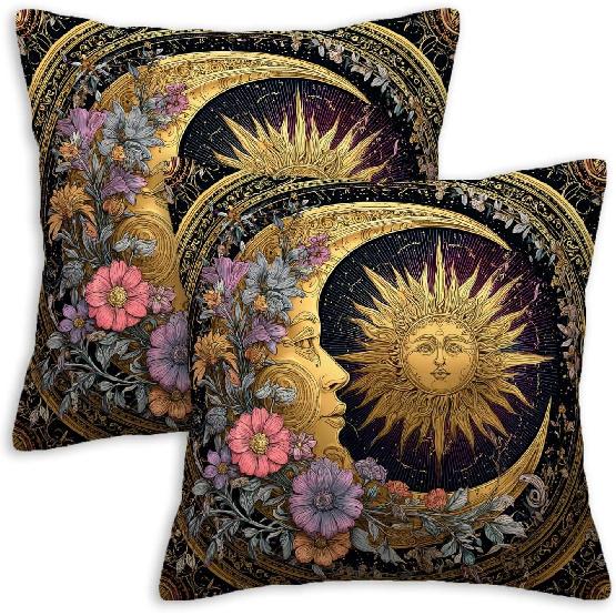Sun and Moon Decorative Pillow Covers 18x18 Set of 2 | Cushion Cases with Invisible Zipper | Home Decor Throw Pillowcases for Couch, Sofa and