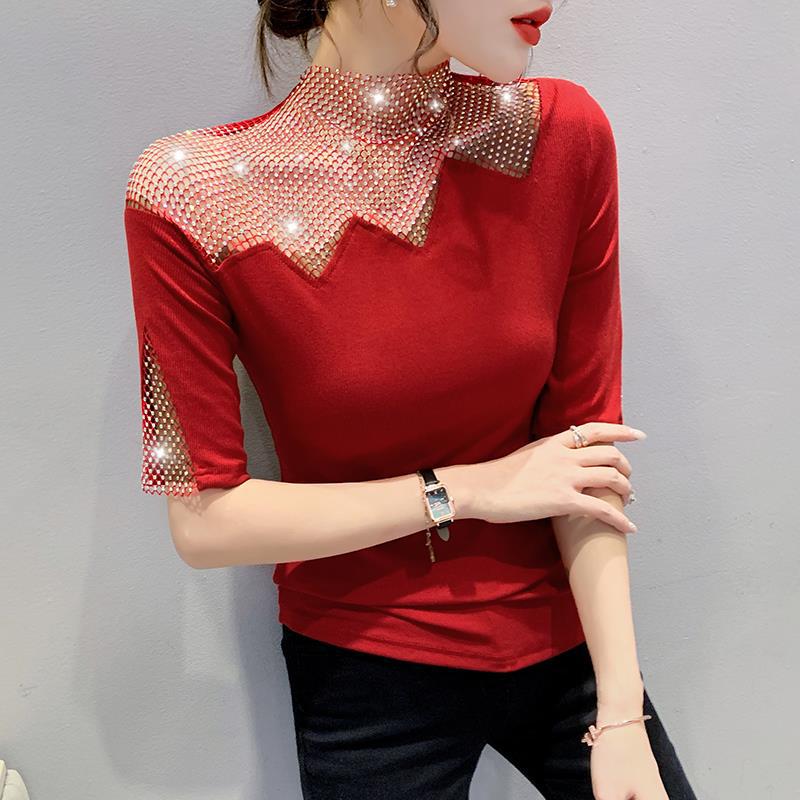 2026 Spring European Style Women's Short Sleeve T-shirt with Hot Drilling and Hollow Out Design