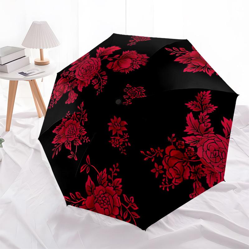 

1pc Red Floral Pattern on Black Background Umbrella with Plastic Handle,Compact & Stylish,Suitable for All Seasons ptys26029