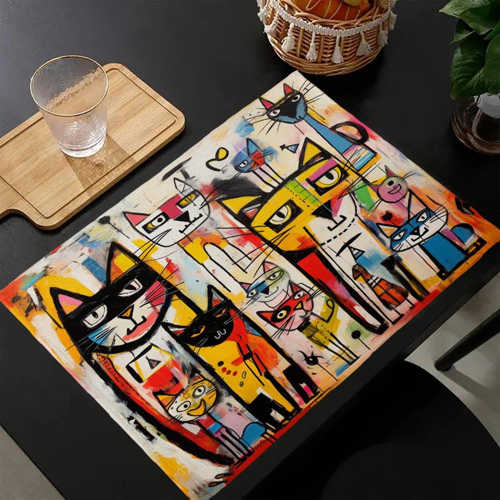 4PC, Placemats, Colorful Abstract Cat Art Printed Placemats, Festive Dining Table Mats