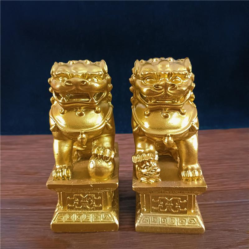 2Pcs Gold Fu Foo Dogs Lions Statues Feng Shui Man-made Jade Stone Buddha Dragon Sculpture Figurines Statue Home Decoration