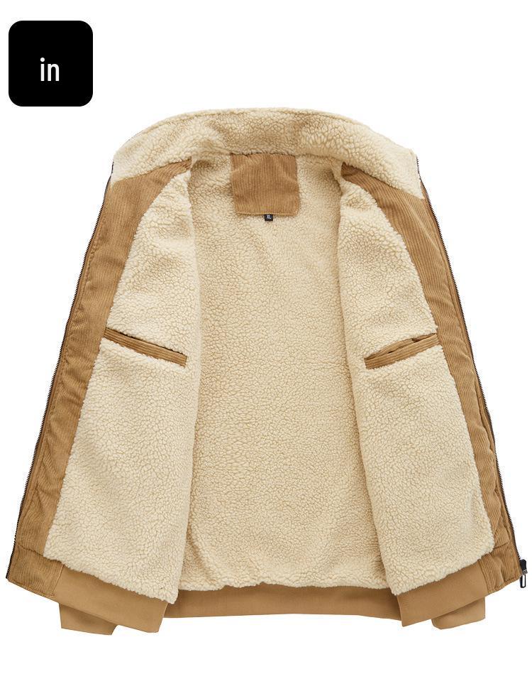 Men's Retro Corduroy Lambswool Jacket - Winter Warm Stand Collar, Mid-weight, Casual Style