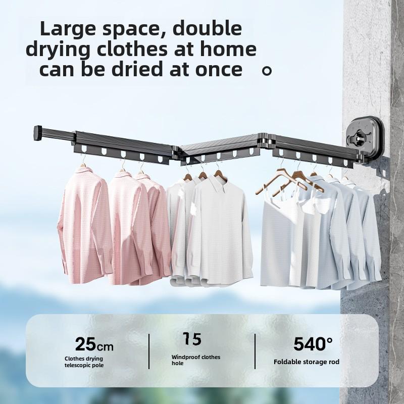 "Punch-Free Suction Cup Folding Clothes Rack - Telescopic Invisible Balcony Rod"