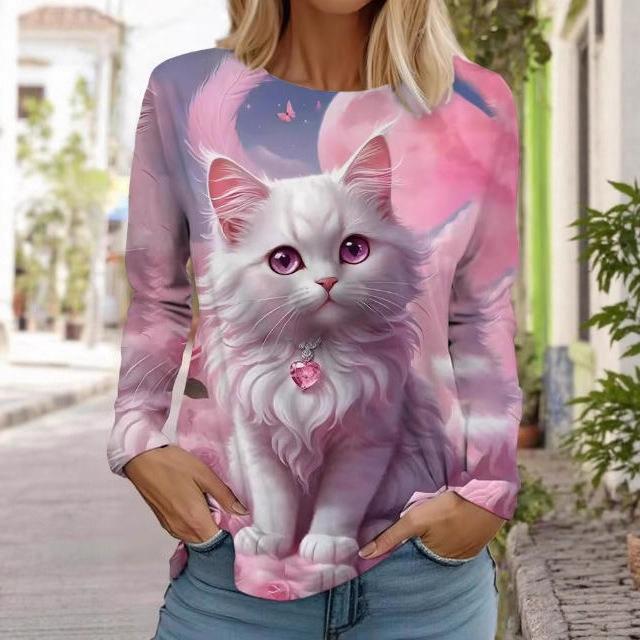 Camisetas de Mujer de Manga Larga Casuales de Moda con Cuello Redondo y Estampado de Gato Lindo con Impresión 3D para Primavera y Otoño