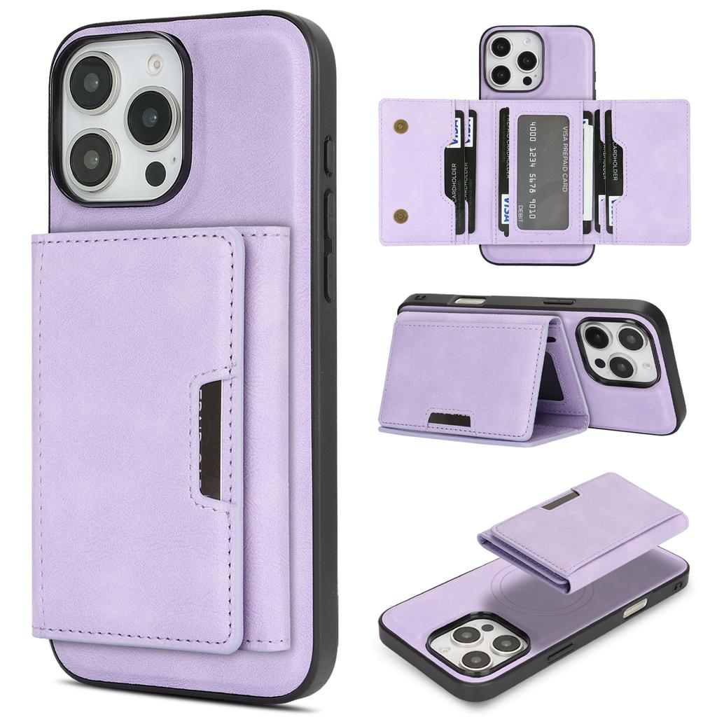 For iPhone 14 Pro Kickstand Case Tri-fold Card Bag PU Leather Coated TPU Cover Compatible with MagSafe