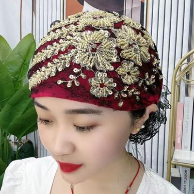 Ladies Turban Hat Sequin Decor Color Matching Embroidery Lightweight Headscarf Hair Cover Cap Lady Head Wrap Female Daily Beanie