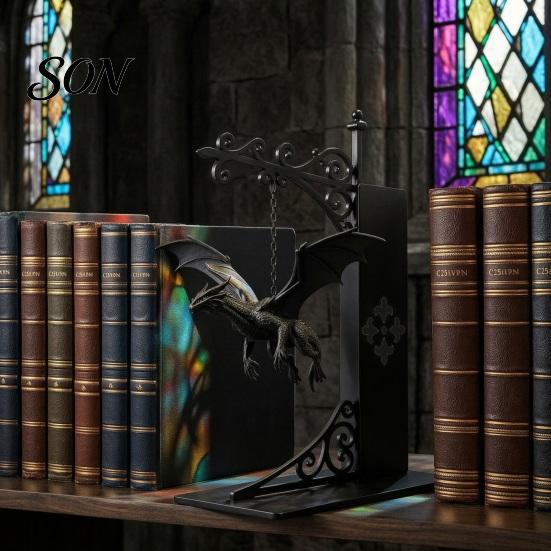 Heavy Duty Fantasy Book Holder Flying Dragon Bookshelf Light, Decorative Bookend Light for & Desk, Bookends Shelves Sculpture Support, Organizer Home