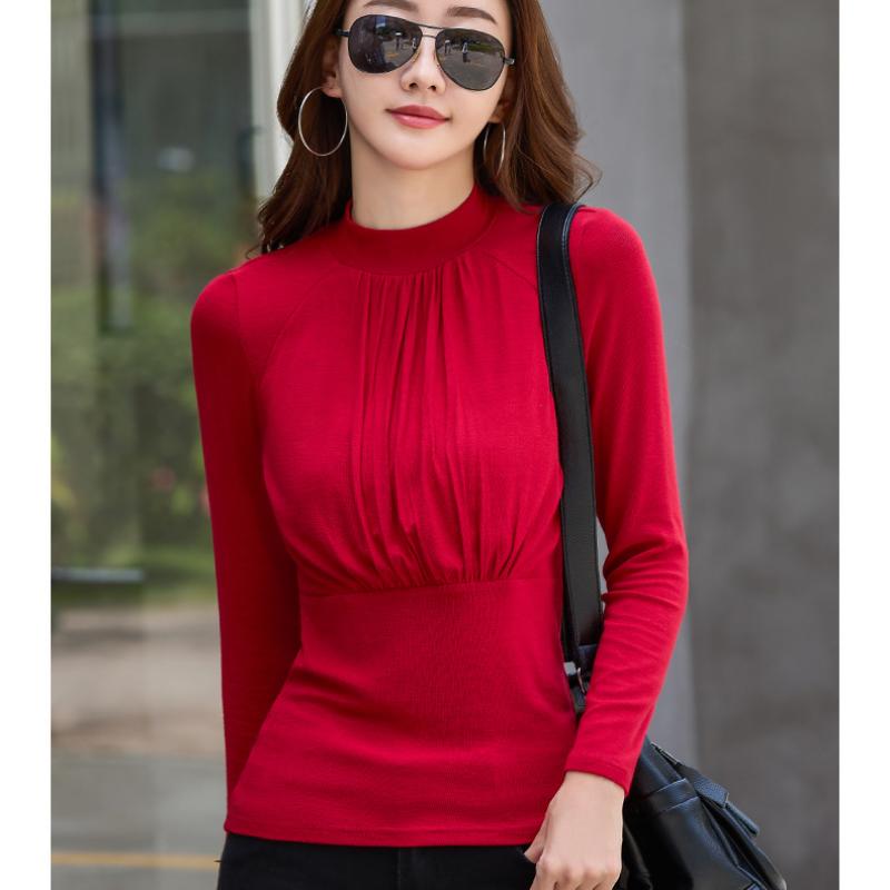 Cămașă de damă cu mâneci lungi, pe jumătate gât, mărime mare, strat interior versatil în stil de toamnă și iarnă, topuri calde