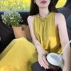 French Yellow Neck Off-the-shoulder Dress for Women's Summer New Temperament Loose and Long