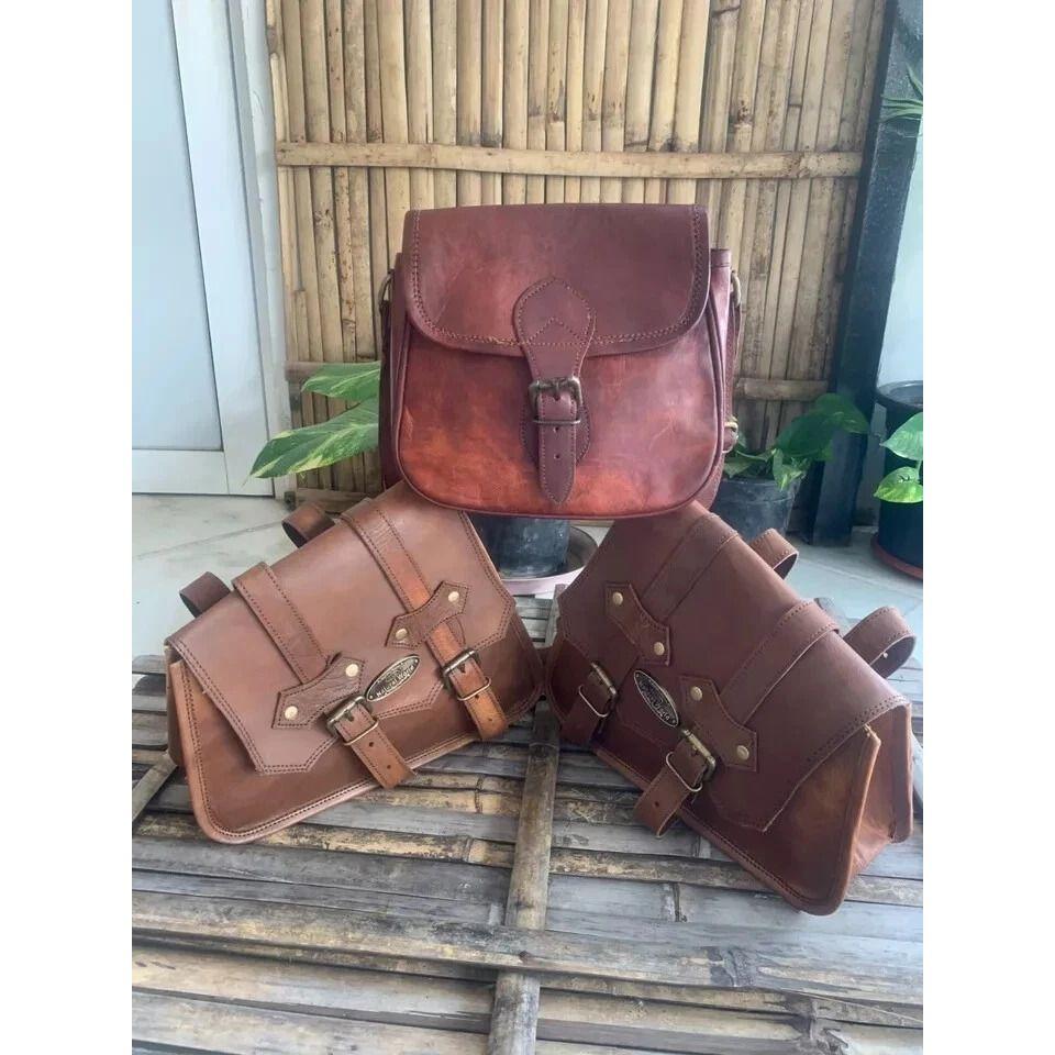 Motorcycle Saddle Leather Bags two Saddlebag Luggage Bag (Free Sling Brown Bag Size - 9 x 7 x 3 in )