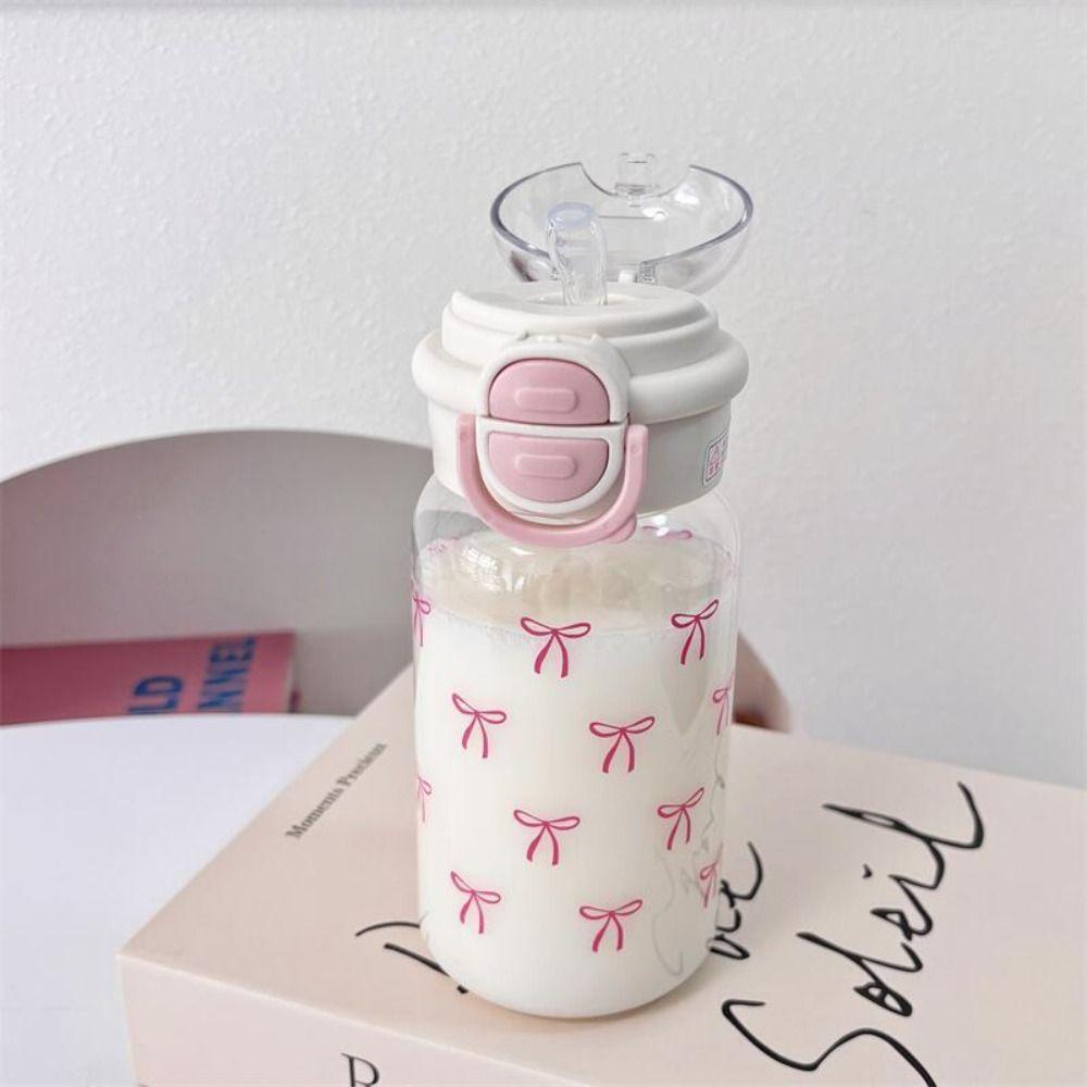 500ml Capacity Water Cup Pink Bow Printing Sippy Cup Portable Straw Water Bottle  Gifts