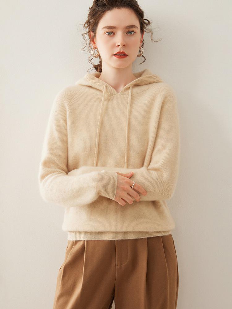 Women's Cashmere Yuanbao Stitch Hoodie - Loose Fit, Thick Knit, Age-Reducing, Casual for Autumn and Winter