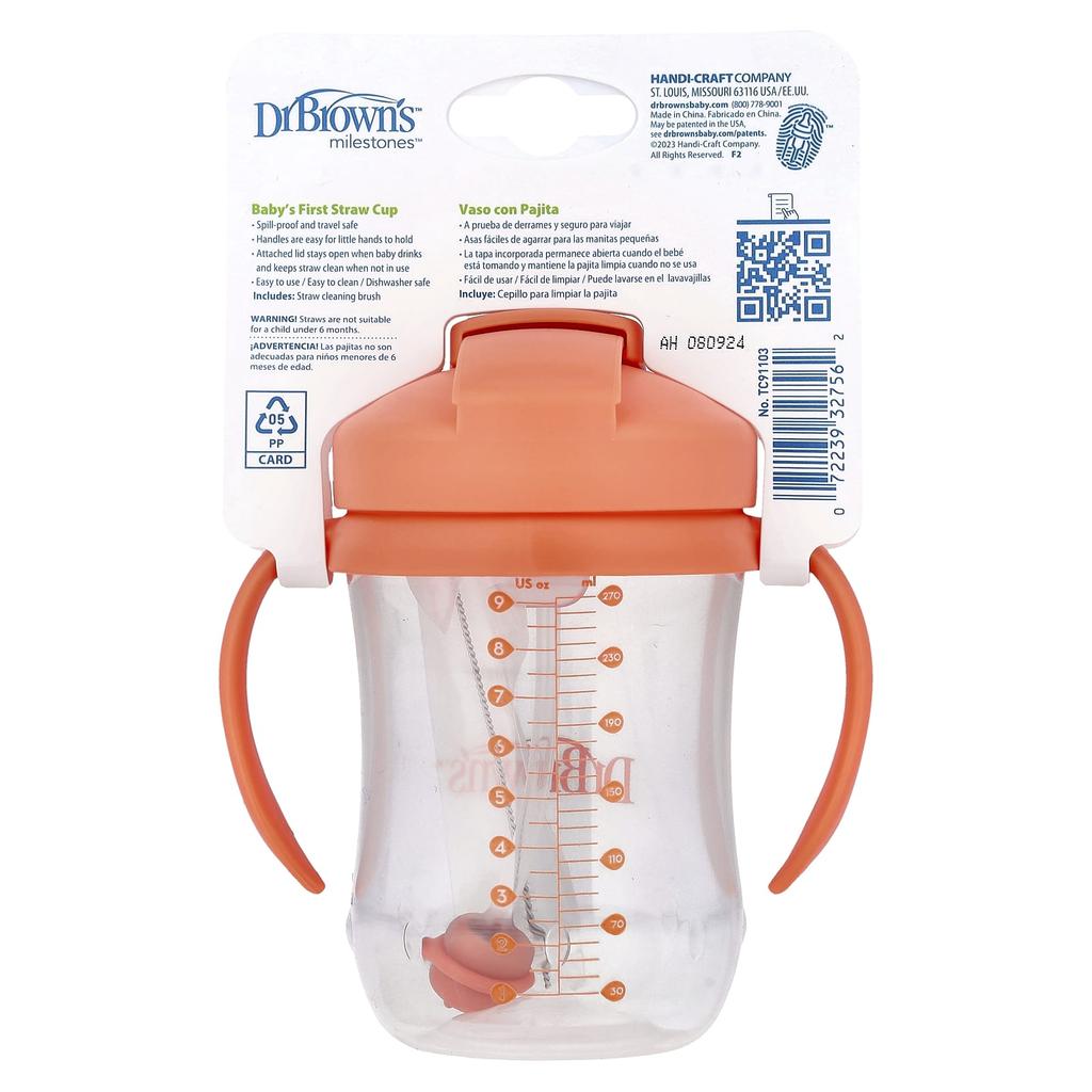 Dr. Brown's First Straw Cup for Babies, 6+ Months, Coral, 9 Oz (270 Ml)