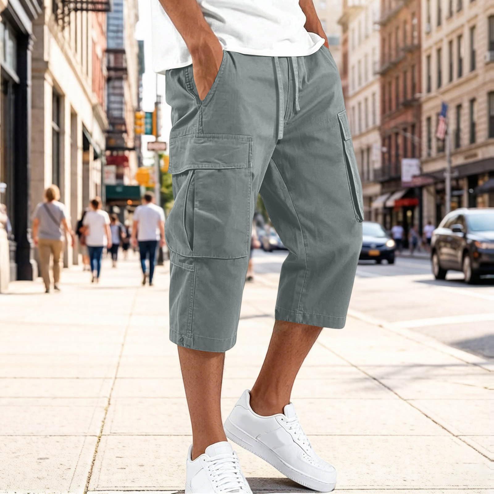 Xingben Six Heren Cargo Werkbroek Trekkoord Taille Meerdere Zakken Casual Capri Broek Driekwart Lengte Duurzaam Stof Ontspannen Pasvorm M