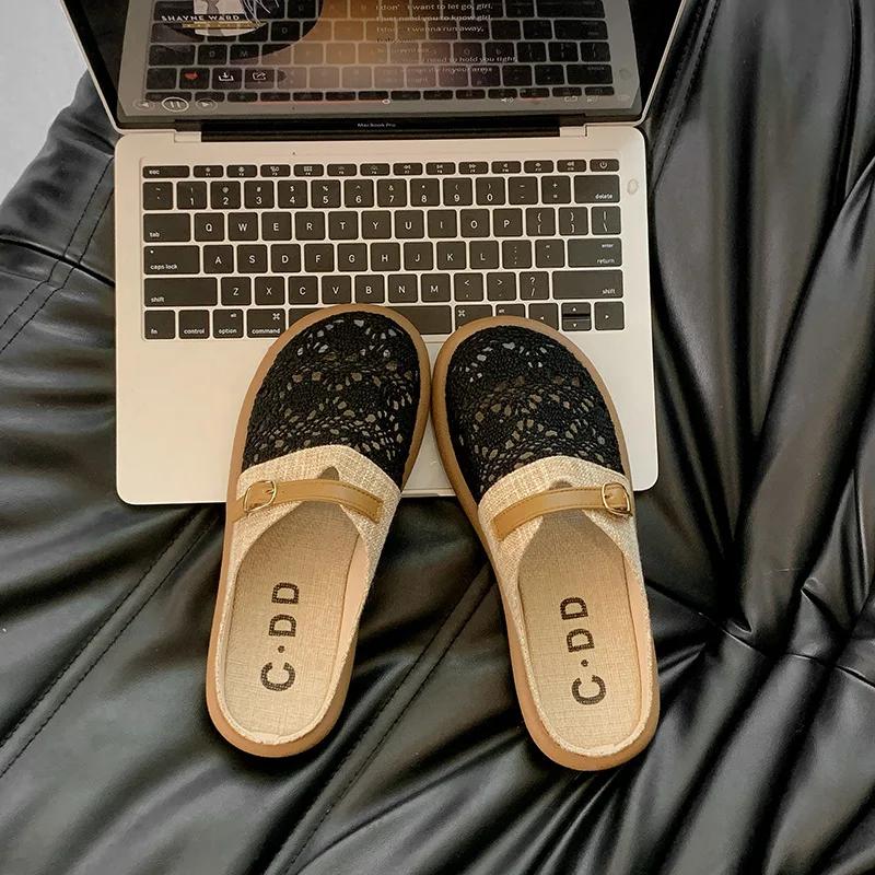 

Breathable Weaving Hollow Out Women s Slippers Summer Flat Casual Mueller Shoes 2025 Women Linen Versatile Half Slides 40