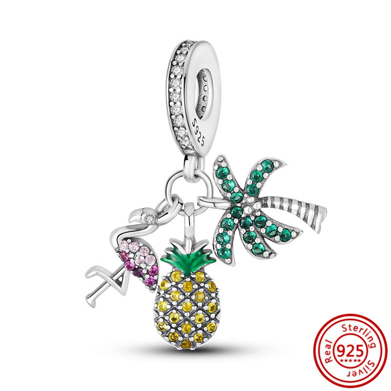925 Sterlingsilber Sommerstil Kokospalme Grünes Blatt Anhänger Glänzender Clip-Bead Passend für Original Pantaro Charm Armband DIY Zirkon