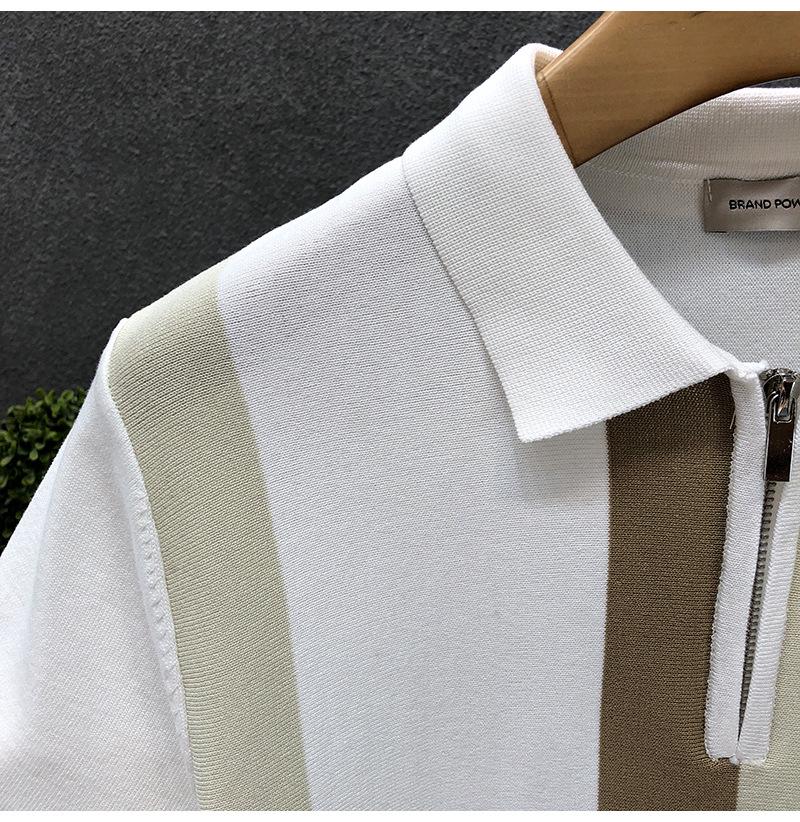 Men's Trendy British Color Block Stripe Ice Silk Polo Shirt