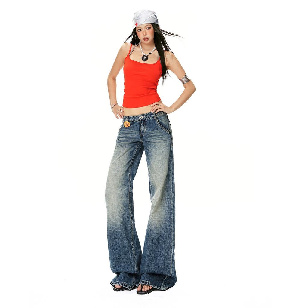 Early Spring Vintage Washed Low Waist Relaxed Slim Floor Sweeping Wide Leg Denim Pants For Ladies Casual Pants Oversize Denim Trousers