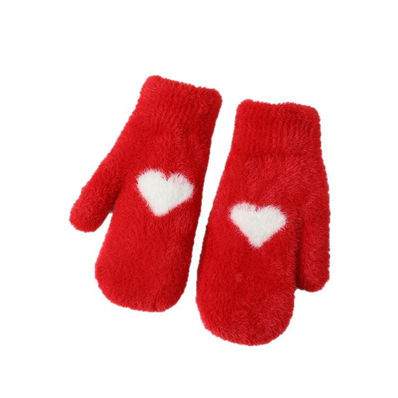 Mittens Women's Fashion Plush Thickened Double Layer Festive Red Full Finger Bag Warm and Cold-proof In Winter
