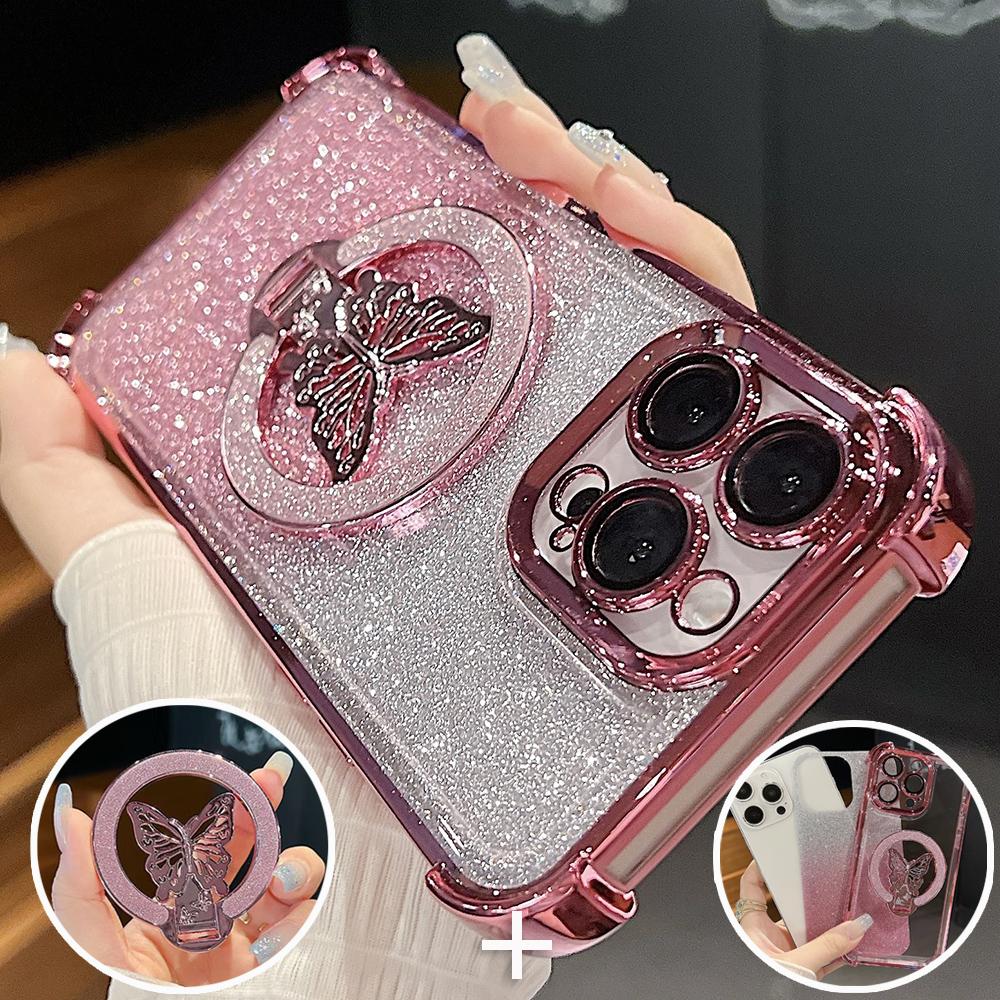 Glitter Butterfly Stand Phone Case for iPhone 17 Air 16 15 14 13 12 11 Pro Max 15 16 Plus Samsung S25 S24 23 S22 S21 Ultra Plus FE A17 A56 A36