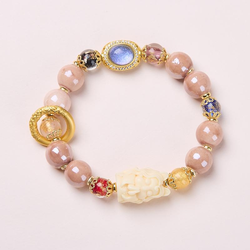 Yongxiang-style Beijing Incense Ash Glass Bracelet with Pink Porcelain Nine-tailed Fox and Gold Foil, Good Luck Bracelet, Gift for Best Friends