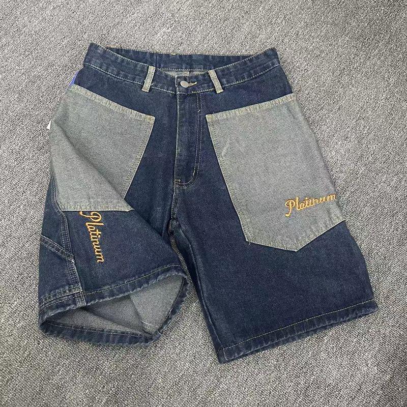 RogueWave Y2K Jeansshorts Herren Harajuku Hip Hop Cartoon Stickerei Blau Baggy Denim Lässig Knielang Kurz