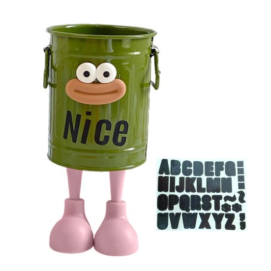 Cartoon Pen Holder Retro Bucket Shape Desk Organizer Large Capacity Storage Holder for Pens Pencils Makeup Brushes