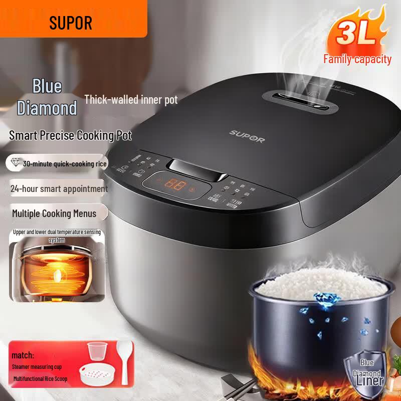 SUPOR 3L Micro-Pressure Smart Rice Cooker with Blue Diamond Non-stick Pot CN plug (adapter included)