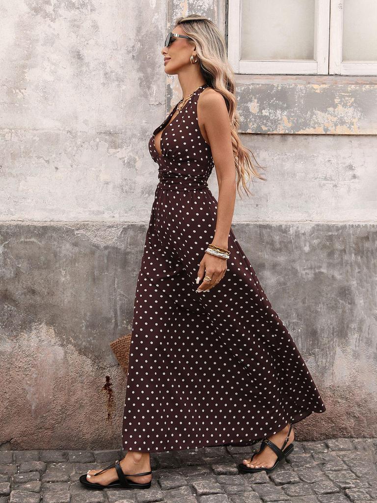 2026 Sexy Retro Polka Dot Halter Neck Dress: European & American Style, Slim Fit, Deep V-neck, Spaghetti Straps.