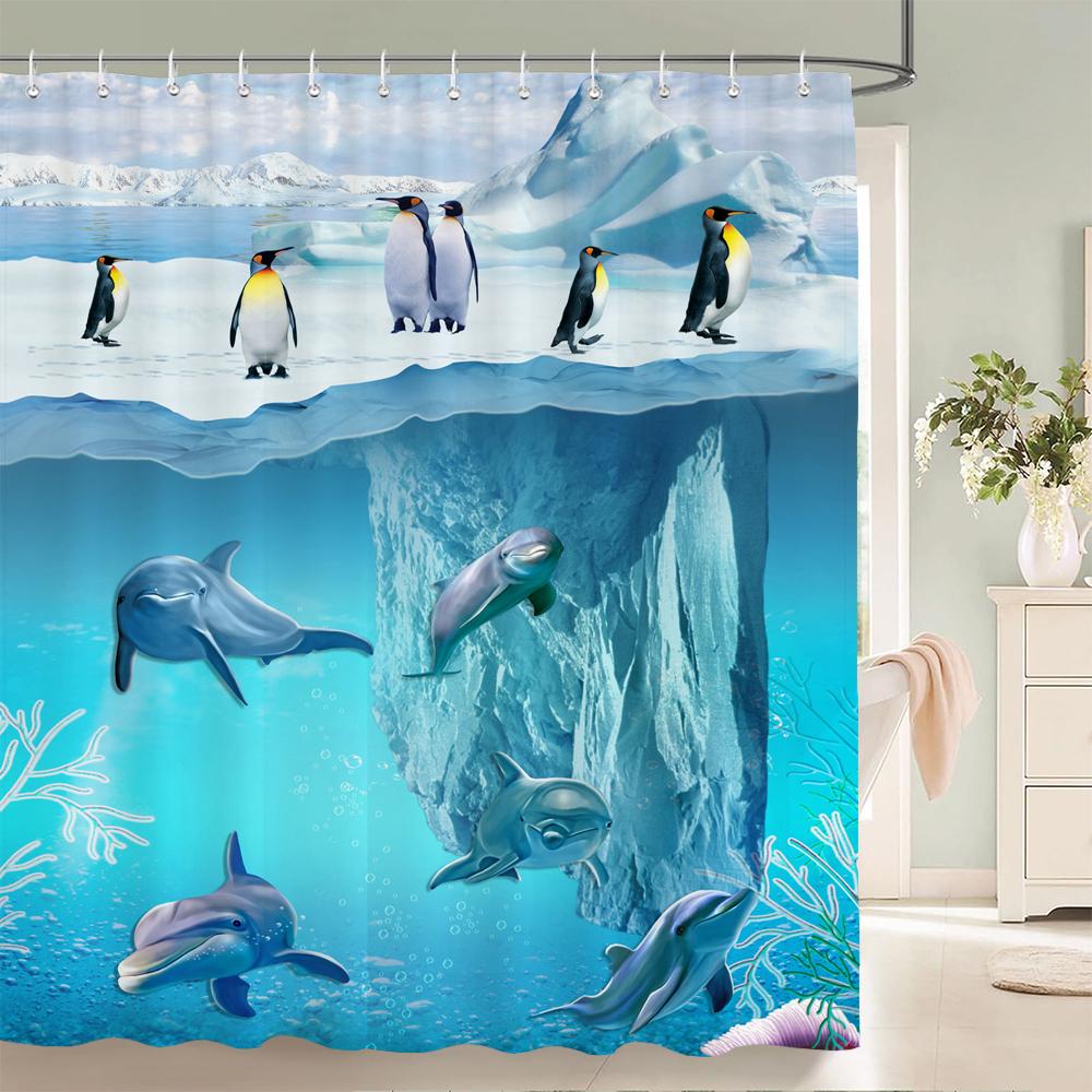High Quality Cartoon Fish Dolphin Printing Fabric Shower Curtain Bathroom Waterproof Ocean Life Bath Curtains Decor With Hooks