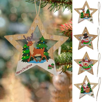 1/4Pcs Christmas Ornament Wooden Star-Shaped Pendant Set with Reindeer Santa Snowman Elk