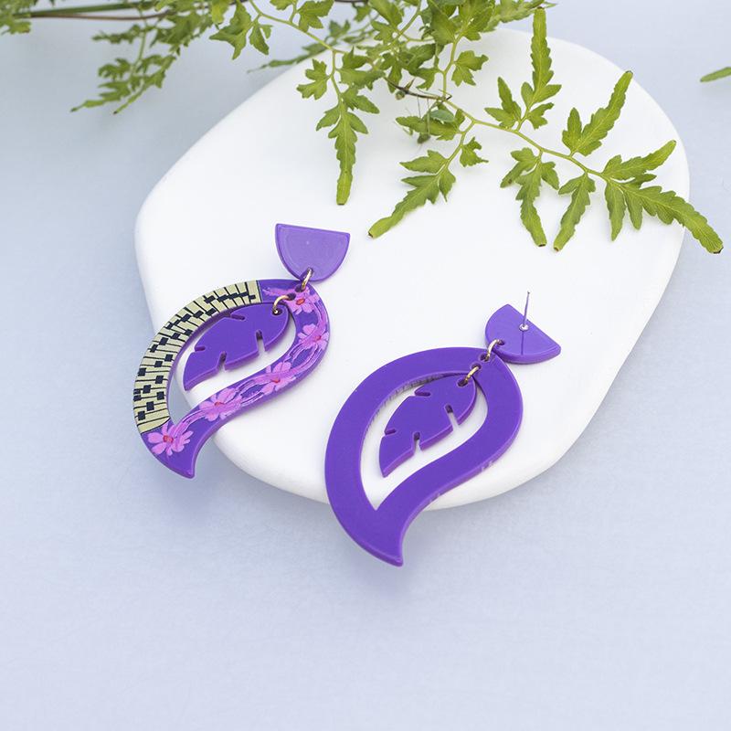 Boucles d'oreilles Acryliques Mode Feuille de Plante Violette Pour Femmes