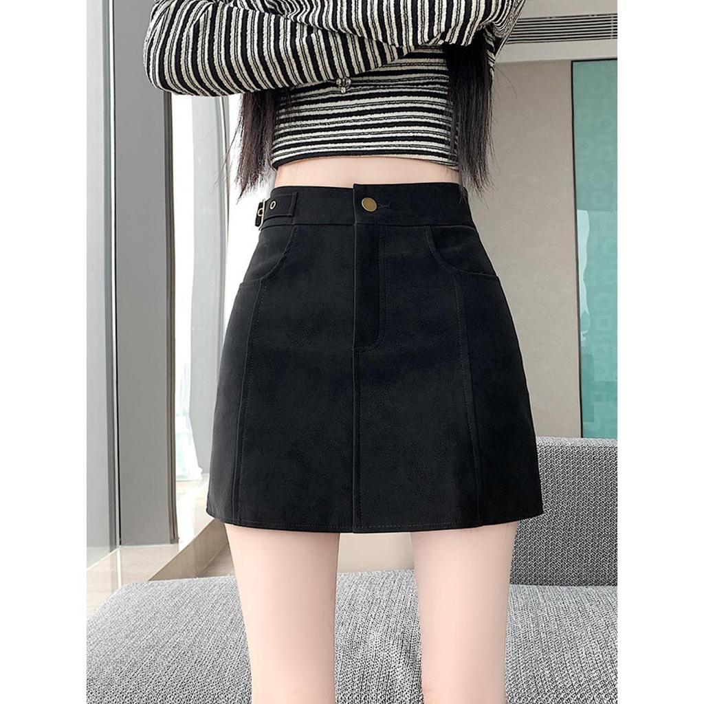 Coffee Suede A-Line High Waist Thickened Short Skirt - Plus Size Women's Hip-Hugging Slim Fit for Spring and Autumn