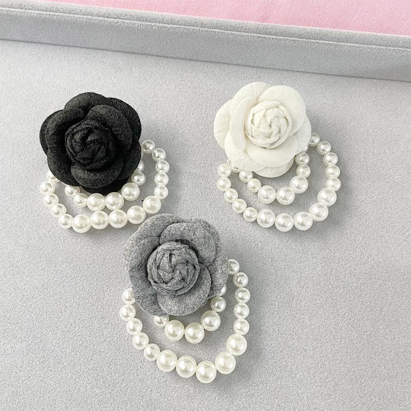 Women's Fashion Fabric Camellia Flower Pearl Tassel Corsage Brooch Pin Shirt Collar Jewelry Accessory