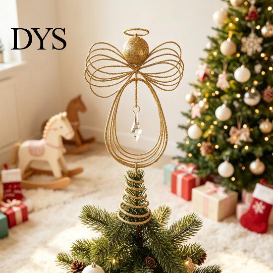 Holiday Seasonal Home Decor Angel Christmas Tree Topper, Gold Glitter Metal Wire Crown Decorative Accents Ornament for And Indoor Decorations