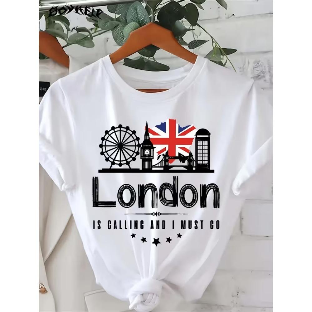 

Women s T-Shirt with London Big Ben Red Bus British Landmarks Graphic, Casual Crew Neck Short Sleeve, UK Travel Casual Daily Top S