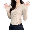 Plus Size Korean V-Neck Drawstring Long Sleeve Irregular T-shirt - Solid Color Slim Fit Trendy Autumn Top for Women