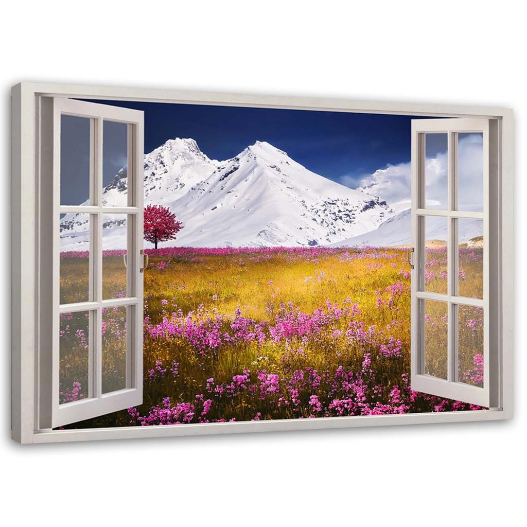 Canvas print, Window - snowy mountains