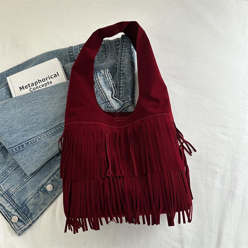 

Богемная сумка с бахромой в стиле ретро для отпуска, женская новая сумка-тоут большой вместимости, модная высококлассная сумка на плечо красный