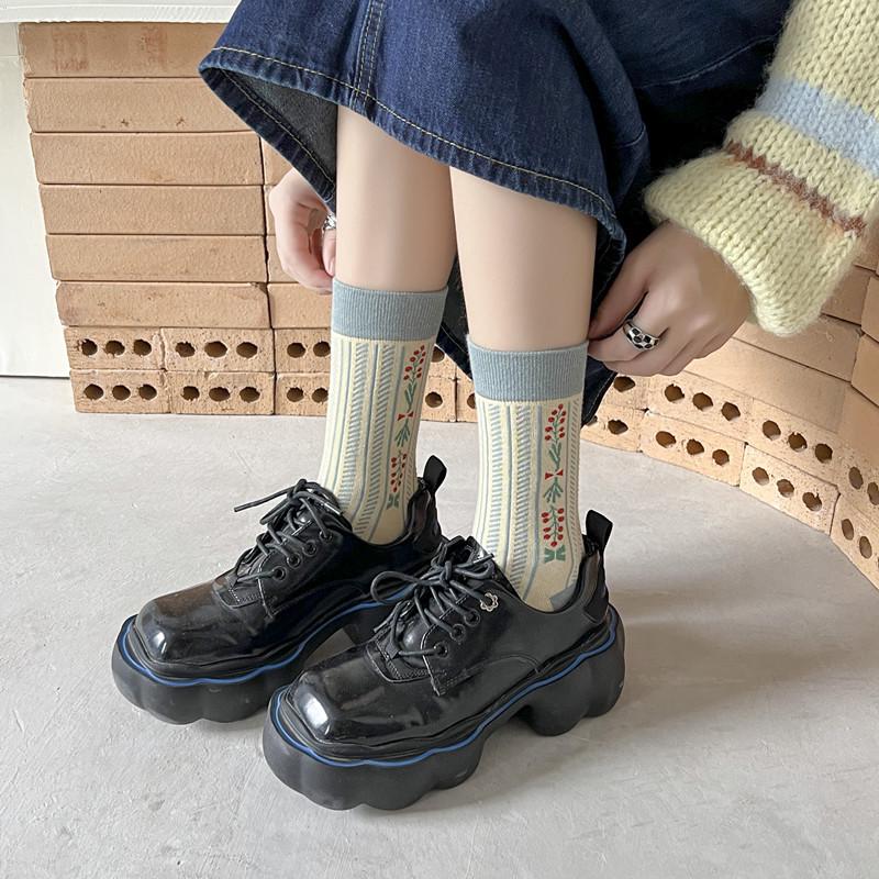 "Damen Retro Hahnentritt & Floral Mittelhohe Verdickte Baumwollsocken für Herbst/Winter"