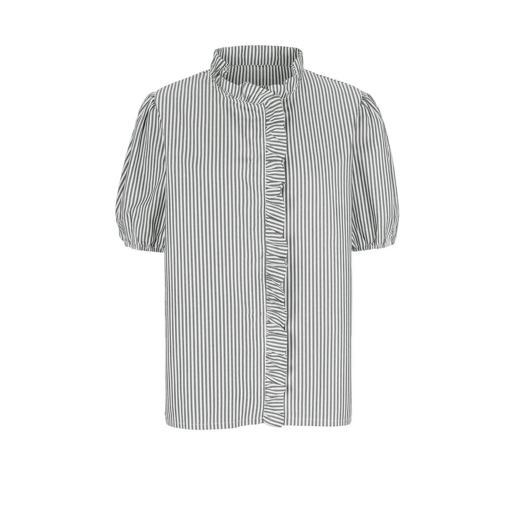 Damska stylowa koszula casual w paski z marszczonymi krótkimi rękawami i stojącym kołnierzykiem Luźny top T-shirt