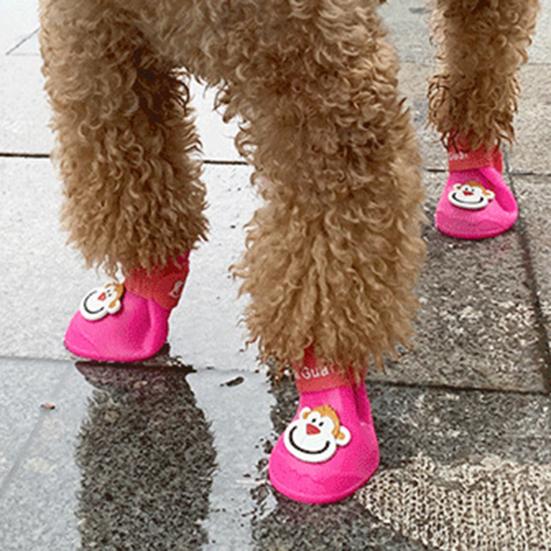 4Pcs Pet Rain Boots Monkey Print Waterproof Lightweight Cartoon Pattern Fastener Tape Dog Shoes for Outdoor