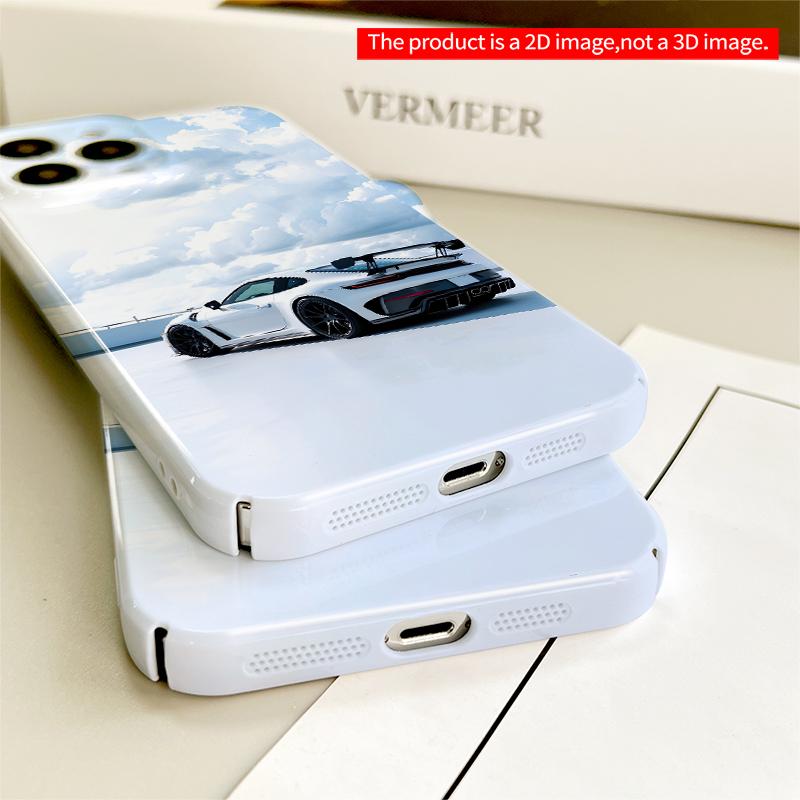 2DFlat White Sports Car Sky Background All inclusive film hard iPhone case, compatible with iPhone 18 Pro Max 17 16 15 14 13 12 11