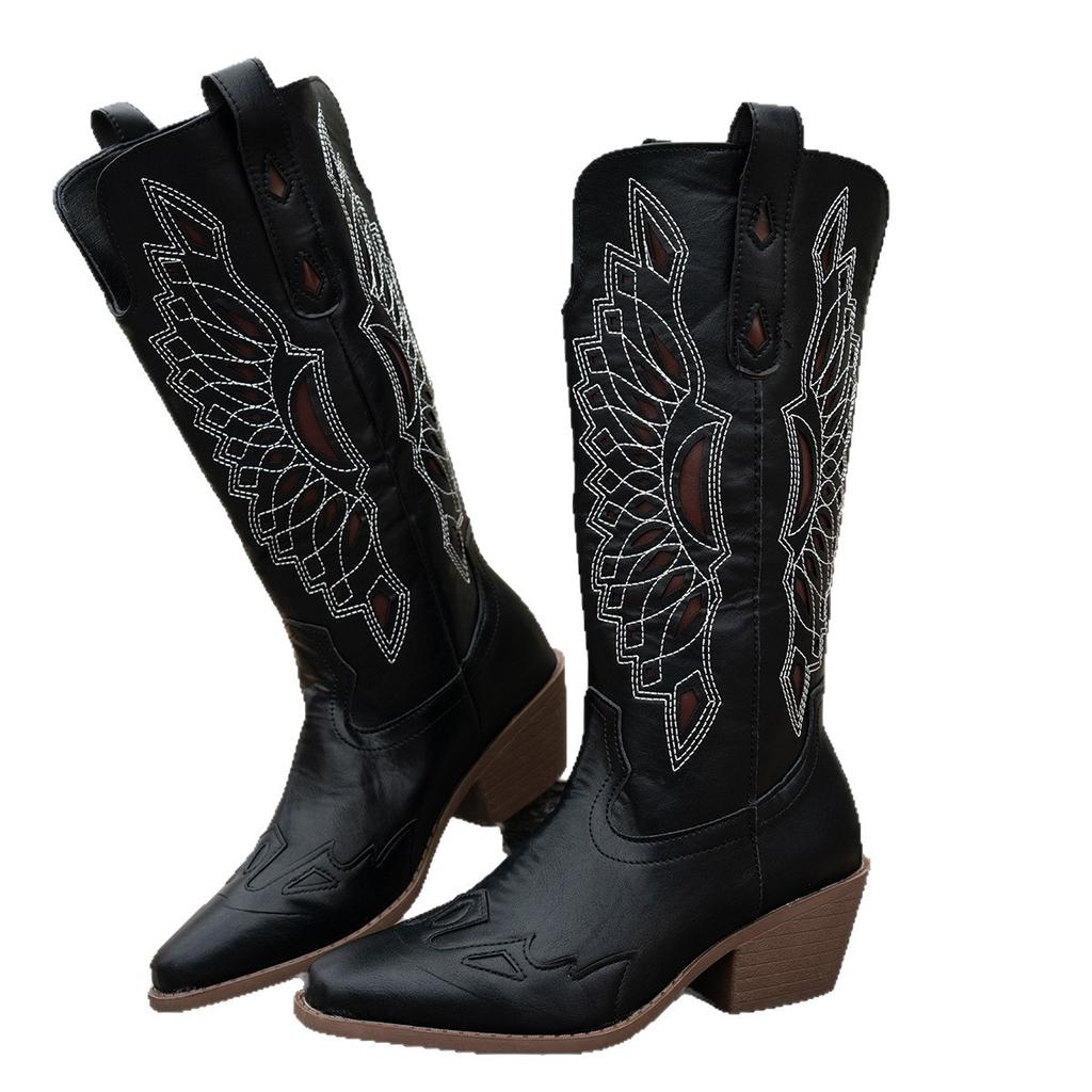 Large size retro hollow color matching western cowboy boots women's Maillard 0000 new tall thick heel knight boots