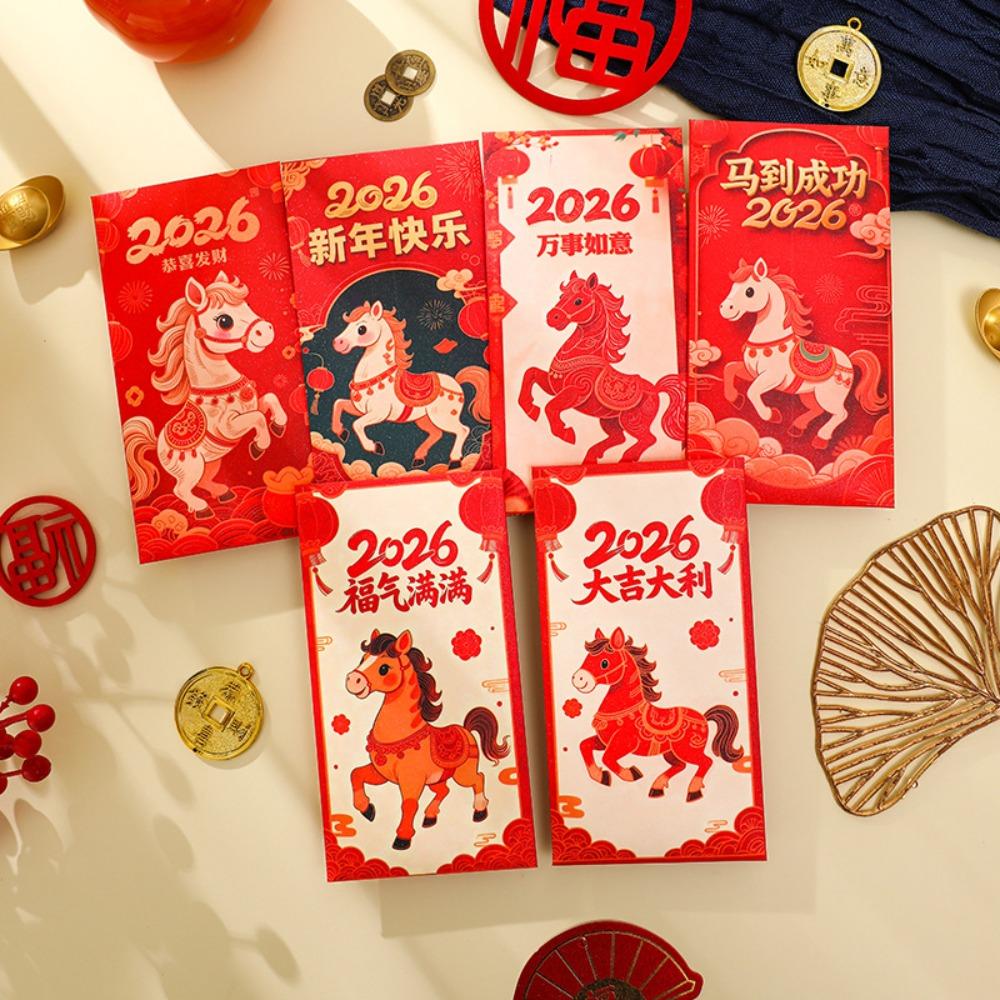 6Pcs/Set Traditional Paper 2026 Horse Year Red Envelope Red Packet  New Year
