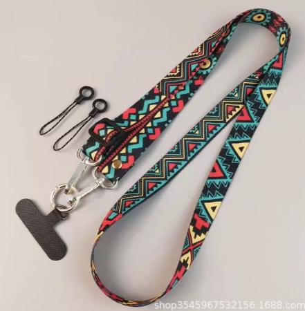 Adjustable Phone Lanyard Strap with Detachable Clip and Dual Earphone Holders Featuring Geometric Pattern for Hands-Free Carrying and Convenience