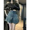 High Waist Pleated Denim Skirt With Button Detail For Summer Casual Wear