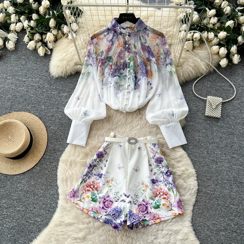 Summer Autumn New Arrival Flower Print Two Piece Pants Sets Women's Lantern Sleeve Blouse Tops and High-Waisted Wide-Leg Shorts Sets