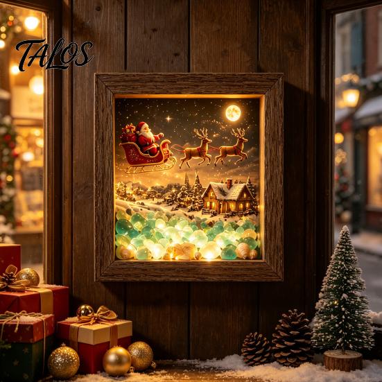 Snowy Cabin Ornament Christmas Night Light Picture Frame, Vintage Wooden Frame 3D Mini Seasonal Home Accents Landscape Lamp, Desktop Atmosphere Decor