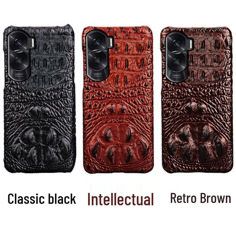 Genuine leather half-cover protective case for Honor X50, featuring cowhide, crocodile pattern, and skull design.